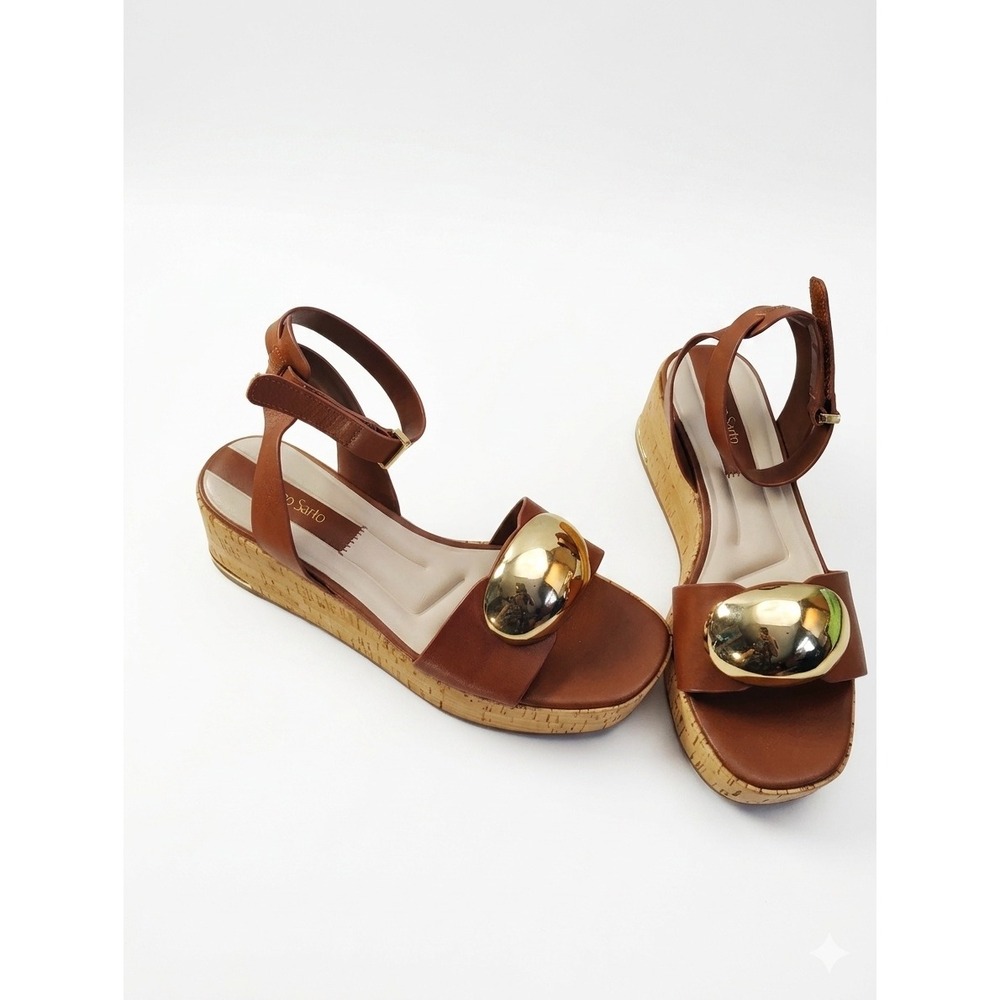 Franco Sarto Womens Brown Leather Cork Wedge Platform Sandals Gold Pebble